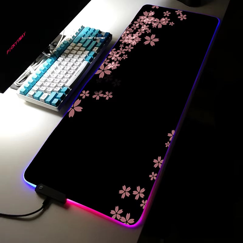 Sakura RGB Mouse Pad Gamer Accessories Large Pink LED Light Mousepads XXL Gaming PC Computer Desk with Backlit Rubber Mouse Mat