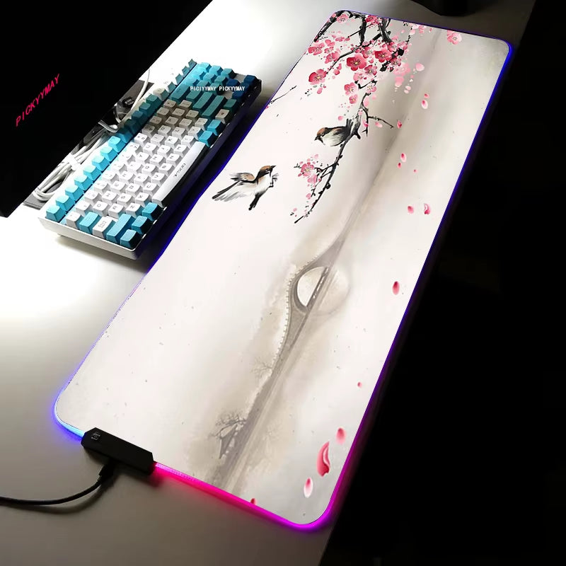Sakura RGB Mouse Pad Gamer Accessories Large Pink LED Light Mousepads XXL Gaming PC Computer Desk with Backlit Rubber Mouse Mat