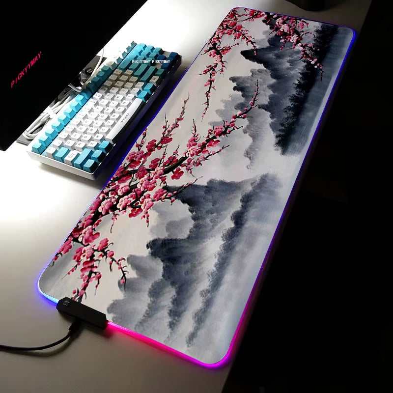 Sakura RGB Mouse Pad Gamer Accessories Large Pink LED Light Mousepads XXL Gaming PC Computer Desk with Backlit Rubber Mouse Mat