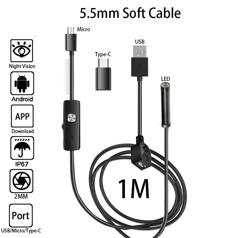 Android Endoscope 5.5Mm 7Mm Borescope Inspection Snake Camera Waterproof with 6 LED Lights Compatible with Android Phone PC