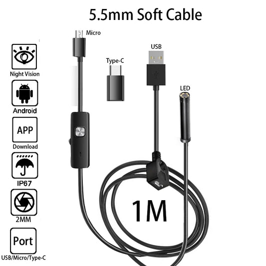 Android Endoscope 5.5Mm 7Mm Borescope Inspection Snake Camera Waterproof with 6 LED Lights Compatible with Android Phone PC