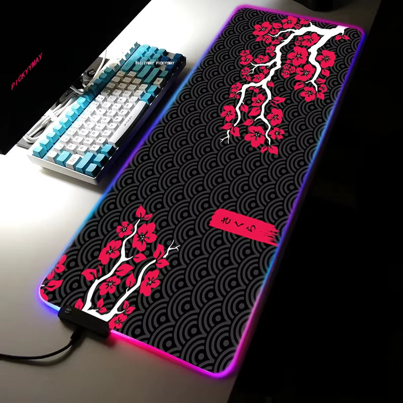 Sakura RGB Mouse Pad Gamer Accessories Large Pink LED Light Mousepads XXL Gaming PC Computer Desk with Backlit Rubber Mouse Mat