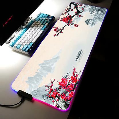 Sakura RGB Mouse Pad Gamer Accessories Large Pink LED Light Mousepads XXL Gaming PC Computer Desk with Backlit Rubber Mouse Mat