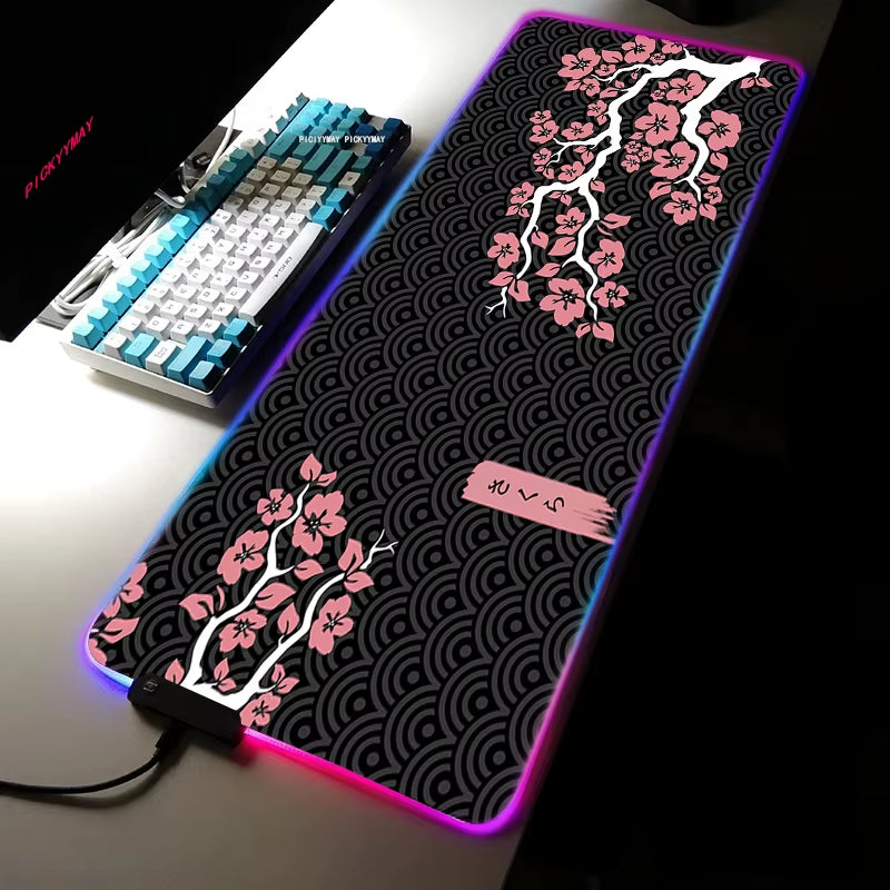 Sakura RGB Mouse Pad Gamer Accessories Large Pink LED Light Mousepads XXL Gaming PC Computer Desk with Backlit Rubber Mouse Mat