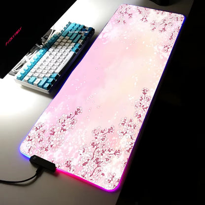 Sakura RGB Mouse Pad Gamer Accessories Large Pink LED Light Mousepads XXL Gaming PC Computer Desk with Backlit Rubber Mouse Mat