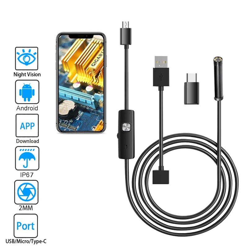 Android Endoscope 5.5Mm 7Mm Borescope Inspection Snake Camera Waterproof with 6 LED Lights Compatible with Android Phone PC