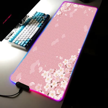 Sakura RGB Mouse Pad Gamer Accessories Large Pink LED Light Mousepads XXL Gaming PC Computer Desk with Backlit Rubber Mouse Mat
