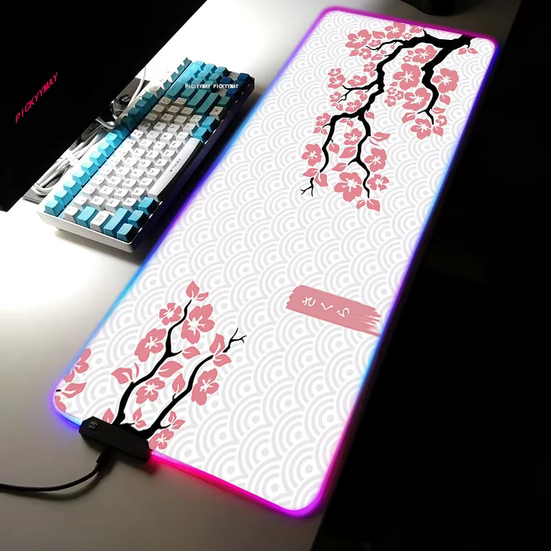 Sakura RGB Mouse Pad Gamer Accessories Large Pink LED Light Mousepads XXL Gaming PC Computer Desk with Backlit Rubber Mouse Mat