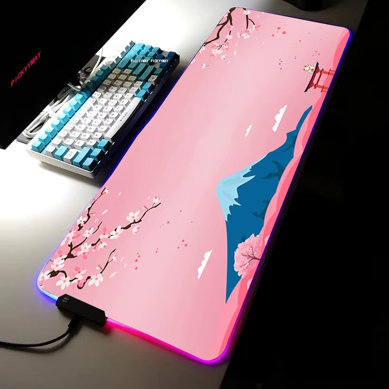 Sakura RGB Mouse Pad Gamer Accessories Large Pink LED Light Mousepads XXL Gaming PC Computer Desk with Backlit Rubber Mouse Mat