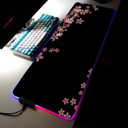 Sakura RGB Mouse Pad Gamer Accessories Large Pink LED Light Mousepads XXL Gaming PC Computer Desk with Backlit Rubber Mouse Mat