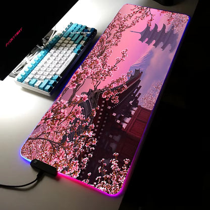 Sakura RGB Mouse Pad Gamer Accessories Large Pink LED Light Mousepads XXL Gaming PC Computer Desk with Backlit Rubber Mouse Mat